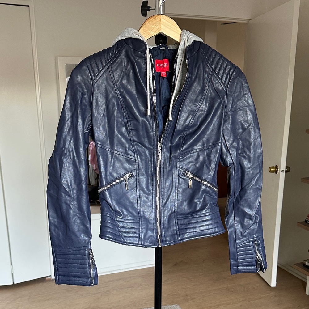 Guess Women's Dark Blue Faux Leather Motorcycle Jacket with Knit Hood XS